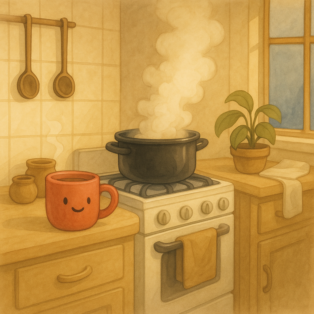 A pot boiling over on a stove in a warm kitchen, steam rising while a small smiling mug sits nearby.