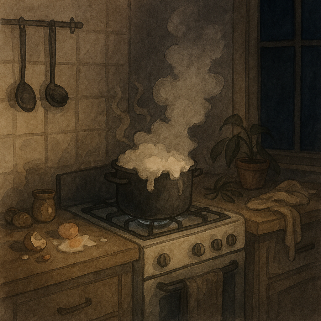 A dim kitchen scene with a pot boiling over on the stove, steam filling the air and ingredients scattered nearby.