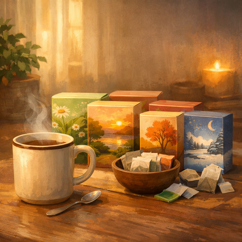 A warm mug of tea on a wooden table beside illustrated tea boxes representing the four seasons.
