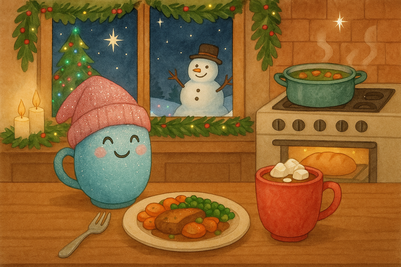 You're greeted by a winter cocoa mug wearing a winter cap in a cozy kitchen scene with a warm meal and cocoa on a table for you. The pot is simmering on the stove, and a snowman smiles at you in the window, with a Christmas tree decorated outside and garland covering the window edges. The North Star sparkling in the sky.