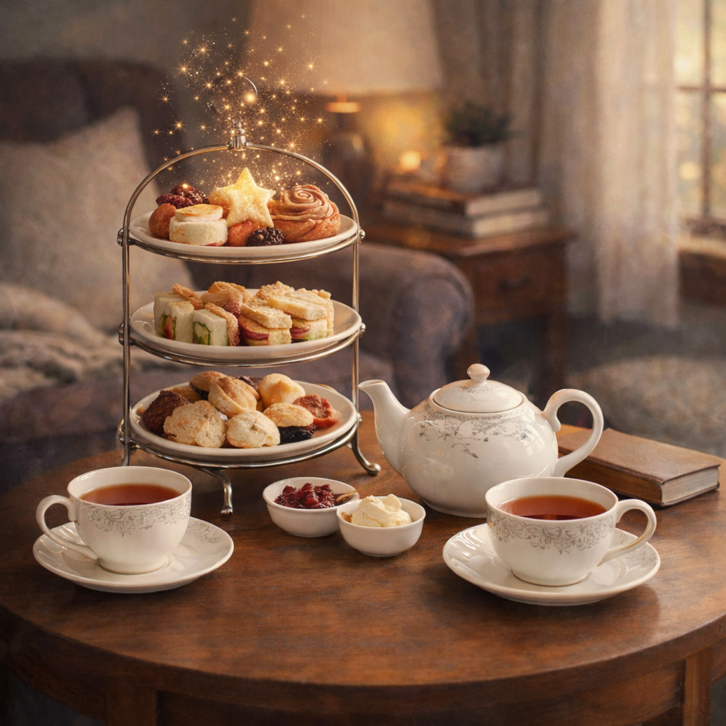 Three-tiered tea tray with treats, teacups, and a teapot in a warm, inviting setting suggesting quiet reading and storytelling.
