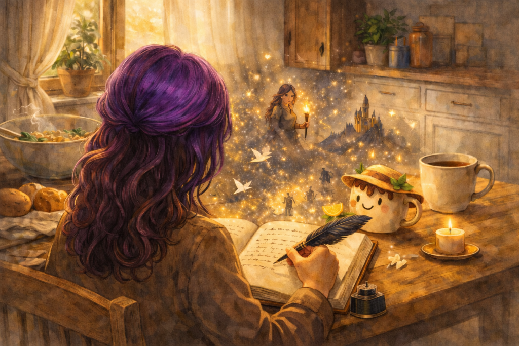 Writer with purple hair using a quill pen at a cozy kitchen table as imaginative stories rise from a notebook in Calm Kitchenette.
