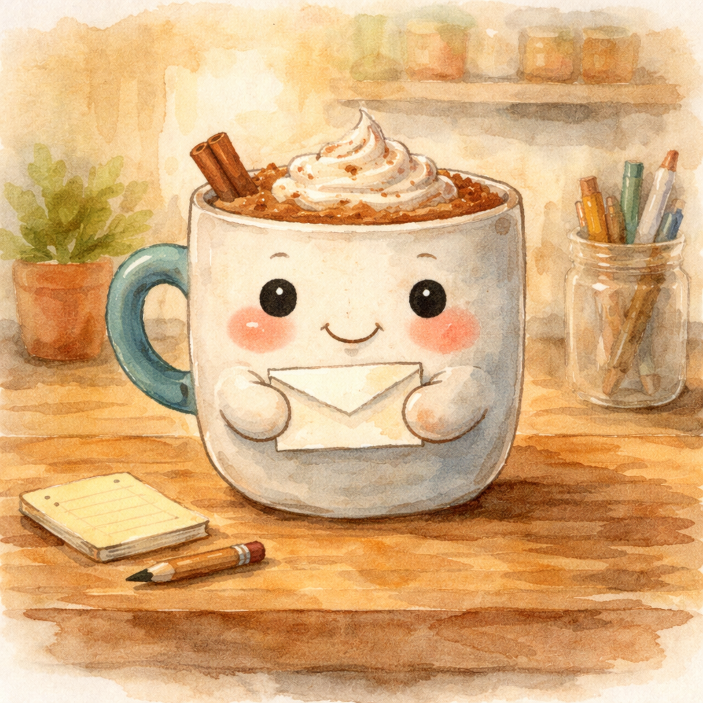 Coco the cocoa mug writing a note in a warm kitchen scene.