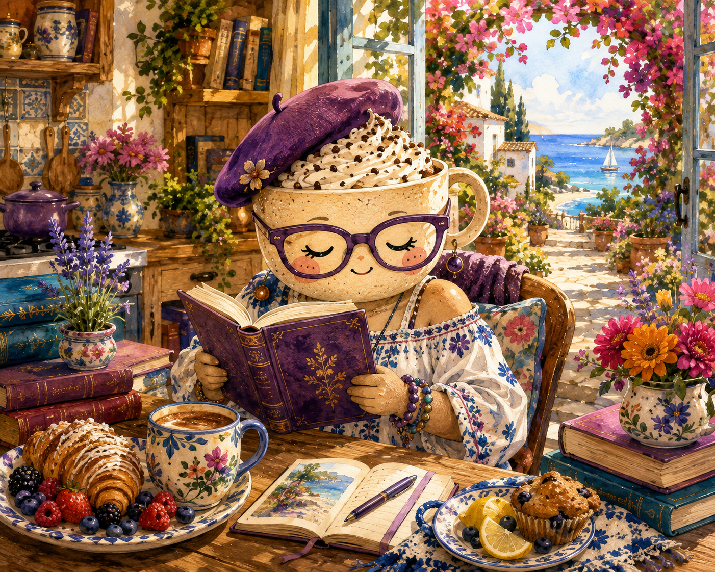 Reading Coco, a cheerful mug character in purple glasses and a beret, reads a book at a table with pastries and hot cocoa in the colorful world of Calm Kitchenette.
