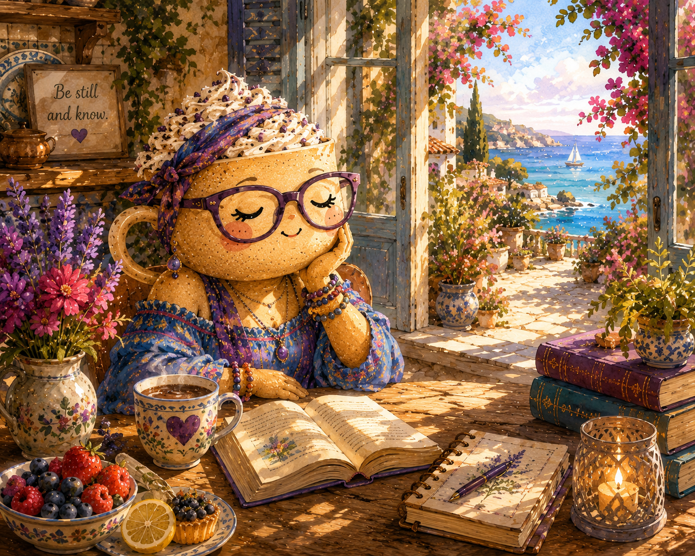 Reading Coco rests peacefully beside an open book and a mug of hot cocoa in Calm Kitchenette, surrounded by colorful flowers and a sunlit garden overlooking the sea. A nearby sign reads, "Be still and know"