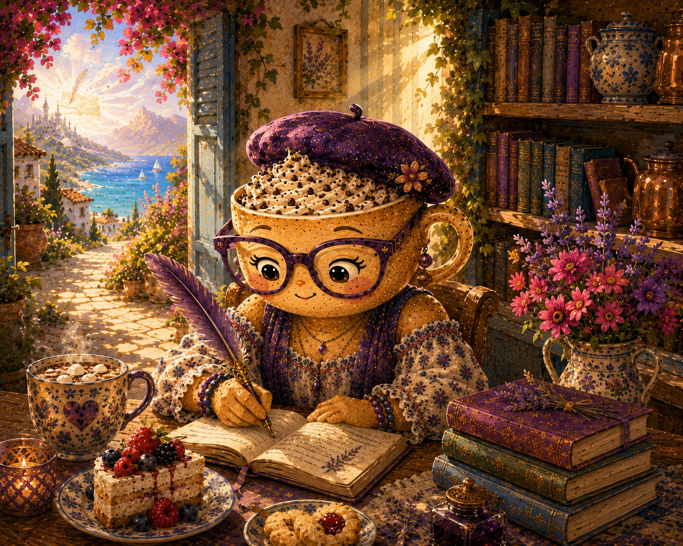 Reading Coco writing with a quill in a warm, imaginative Calm Kitchenette setting